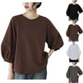 thumbnail image 2 of PADFRYBK 3/4 Sleeve Shirts For Womens Summer Loose Blouses Comfortable Round Neck Top Solid Color T-Shirts, 2 of 3