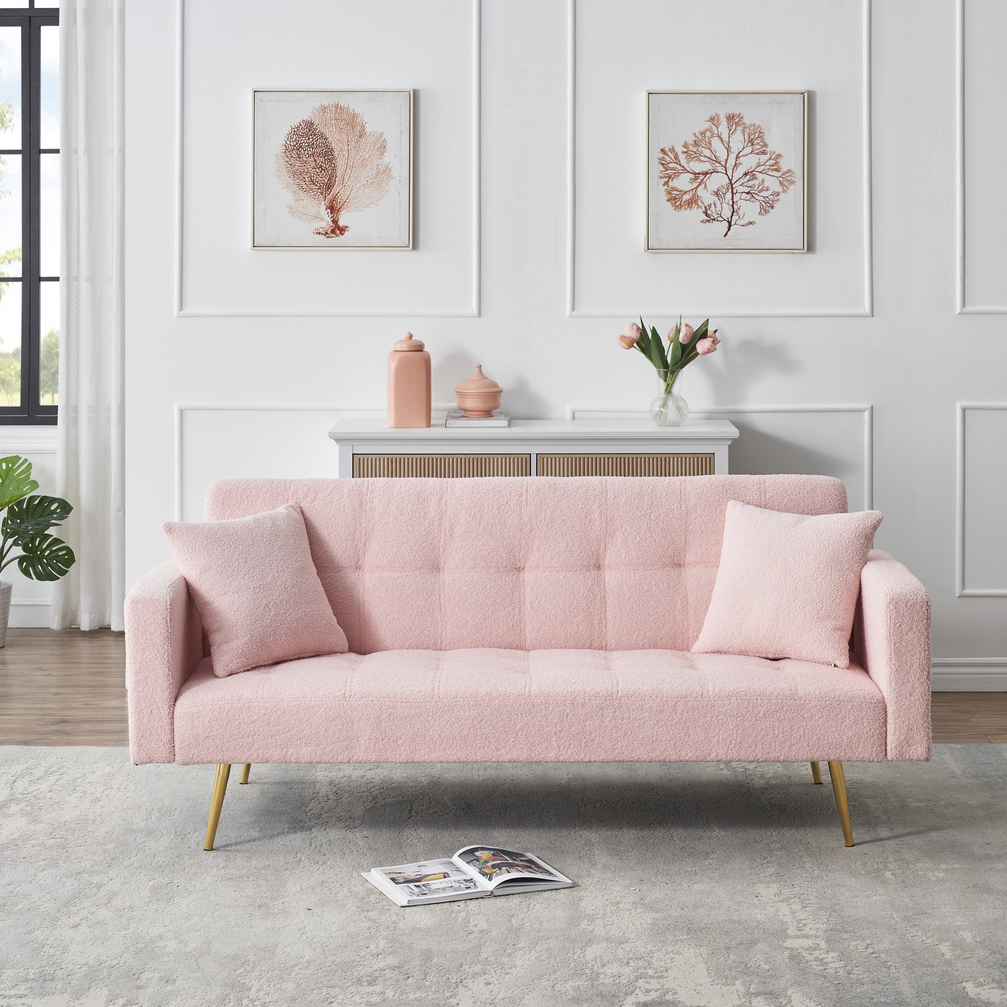 71" W Teddy Convertible Futon Sofa Bed,Modern Upholstered Loveseat Sofa Couch for Living Room,Small Space,Pink