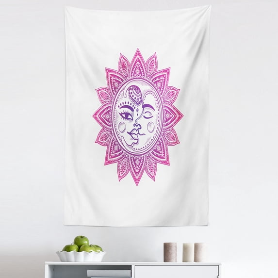 Sun Tapestry, Vintage Floral Design Heavenly Bodies Oriental Celestial Elements, Fabric Wall Hanging Decor for Bedroom Living Room Dorm, 5 Sizes, Purple Hot Pink White, by Ambesonne
