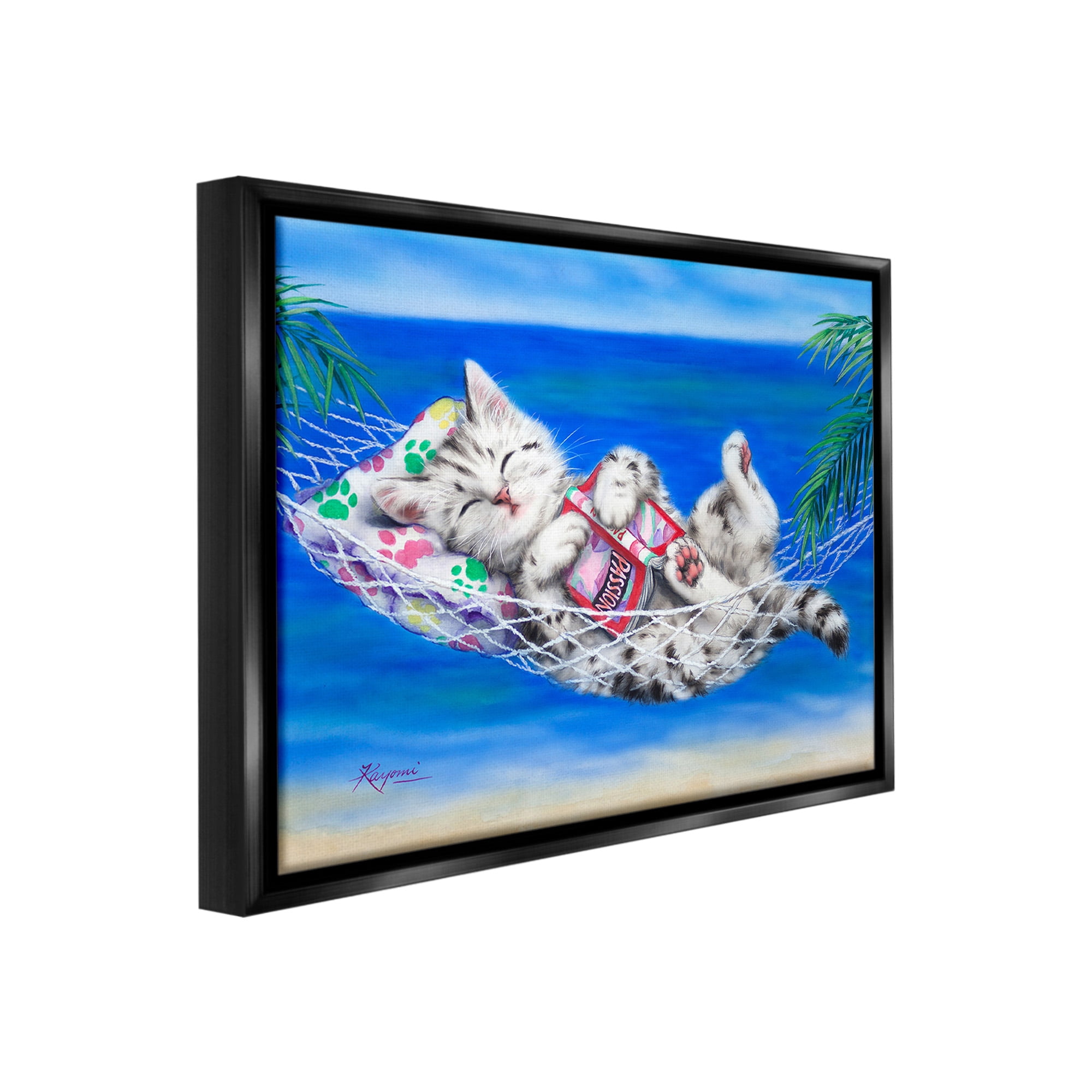 Stupell Industries Kitten Sleeping on Beach Animals & Insects Painting Black Floater Framed Canvas Art Print Wall Art, 21 x 17