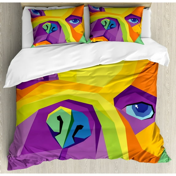 Bulldog Duvet Cover Set Queen Size, Abstract and Vibrant Colored Close-up Face Funny Graphic Design for Pet Lovers, Decorative 3 Piece Bedding Set with 2 Pillow Shams, Multicolor, by Ambesonne
