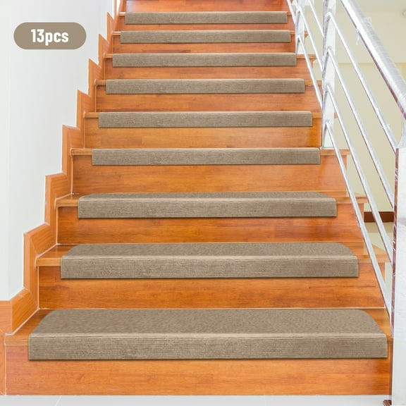 Beige Non-Slip Stair Treads Set for Wood Floors, Washable & Reusable, Anti-Skid, 13 Pads (55x24cm), Foldable