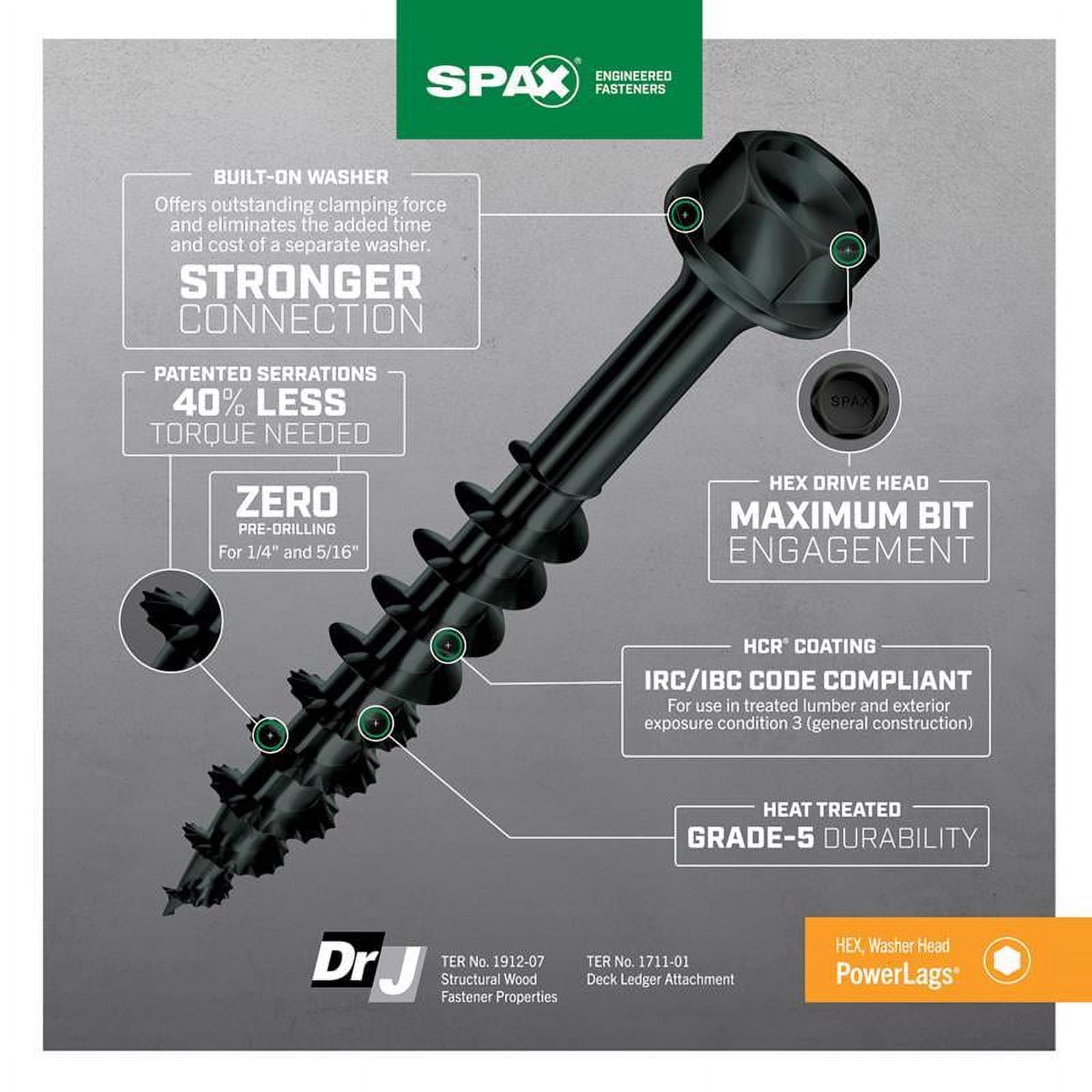 Spax 5042113 Power Lags 0.312 x 4 in. Washer High Corrosion Resistant Carbon Steel Lag Screw, Black - Pack of 12