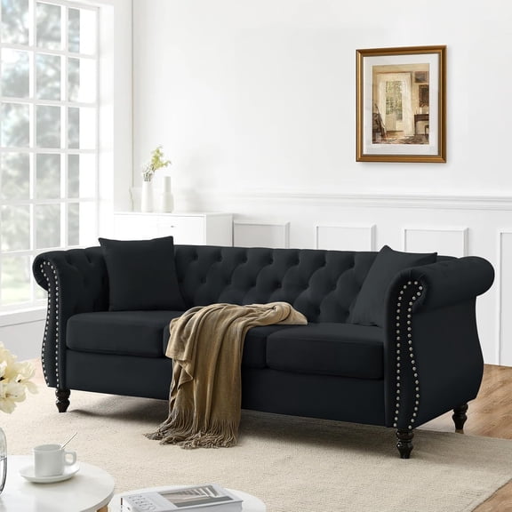 80" Button Tufted Velvet Sofa with Rolled Arms&Nailhead Trim,Comfy 3 Seater Sofa,Oversize Mid Century Modern Couch for Living Room,Bedroom,Apartment,Office(Black)