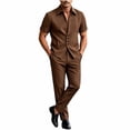 thumbnail image 2 of Men's Business Casual 2 Piece Suit Set, Short Sleeve Lapel Collar Button Down Shirt & High Waist Straight Leg Dress Pants, Loose Fit formal Daily office Outfit Brown, 2 of 6