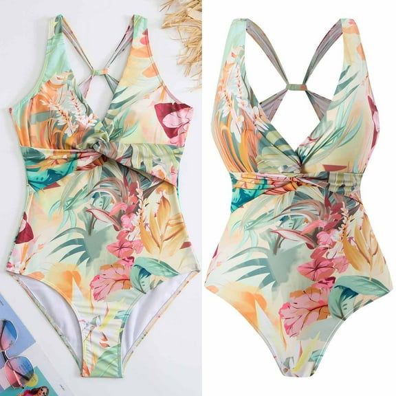 Women Floral Printed Bathing Suit One Piece Twist Front Swimsuit High Waist Crisscross Back Bikini Swimwear Slimming, Yellow, XL