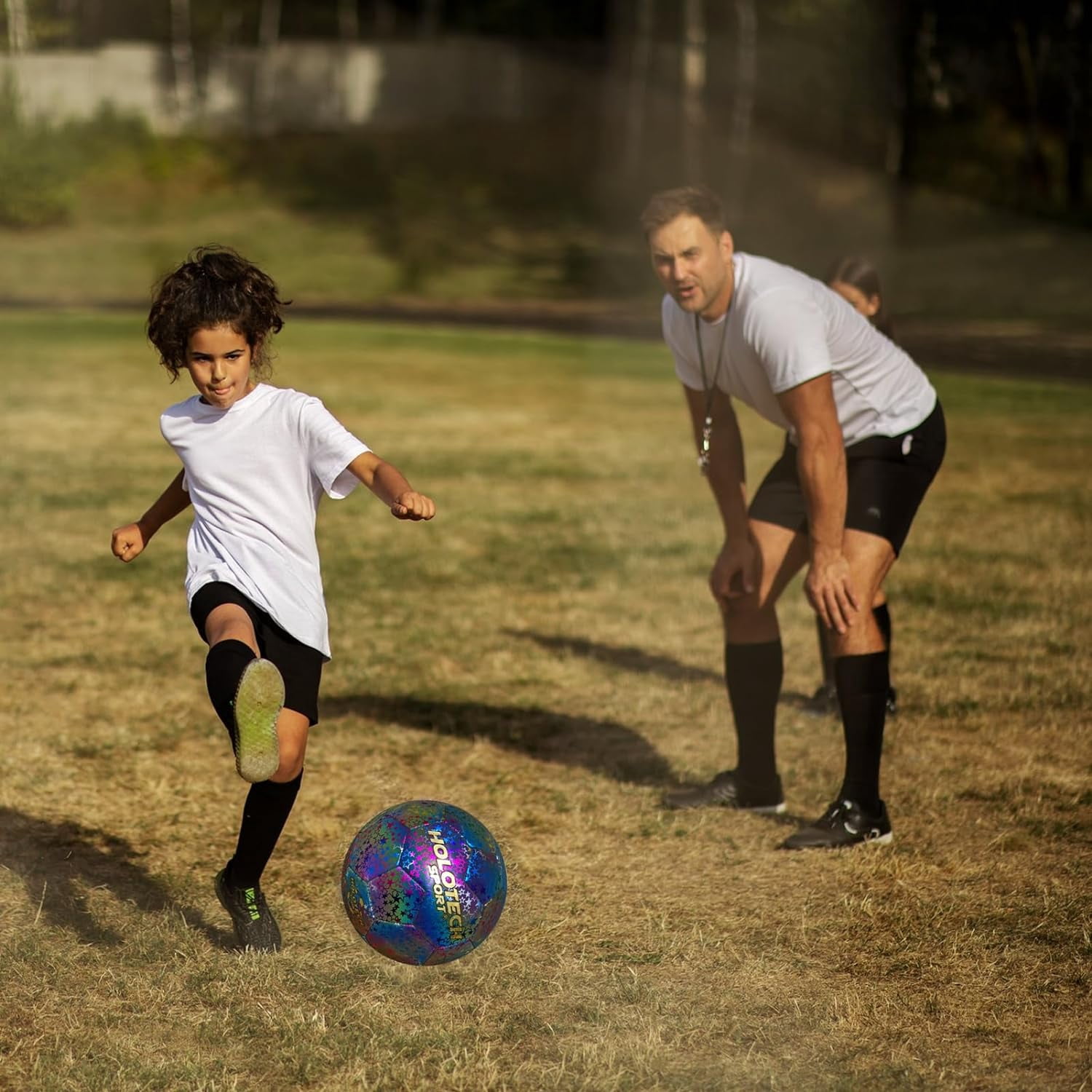 WTOPSBO Soccer Ball Size 4/5, Holographic Reflective Glowing Soccer Ball, Bright PU Leather Soccer Balls for Night Games,Training, Ideal Gifts for Soccer Fans with Pump