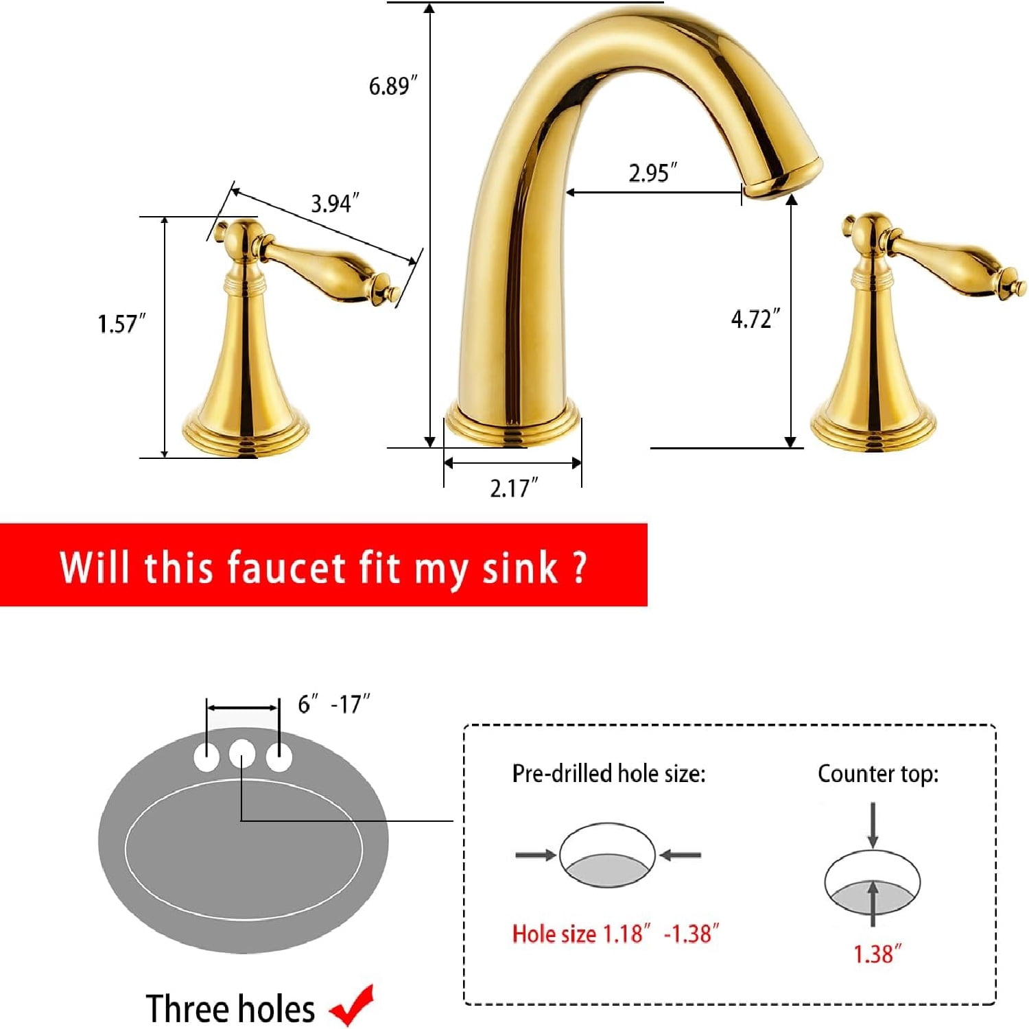 Polished Gold Bathroom Sink Faucet,Brass Bathroom Faucet 3 Hole,Widespread Bathroom Faucet for Sink 3 Hole,2 Handles Design with Water Supply Lines