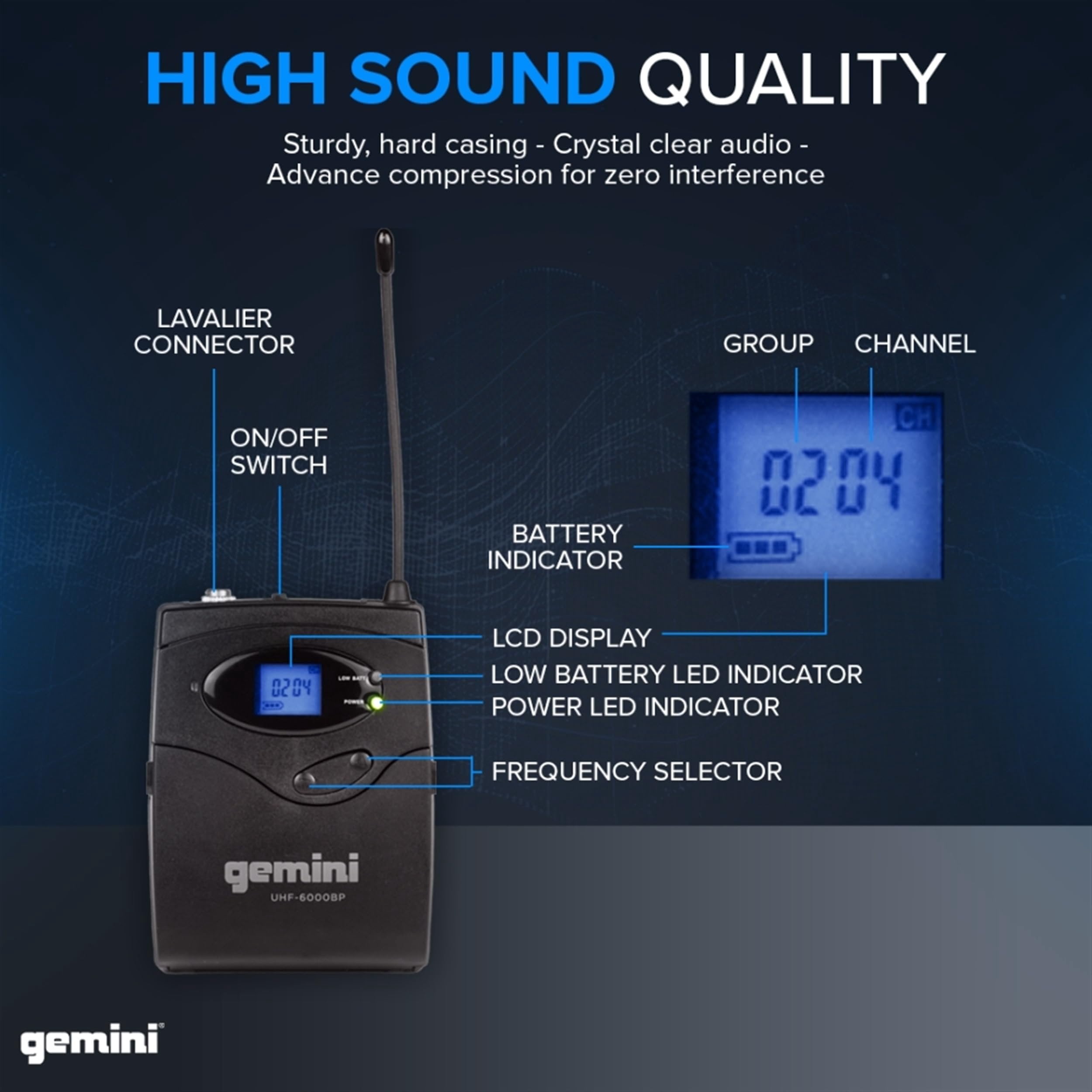 Gemini, 1 Wireless Lavalier Microphone System, UHF Single Channel Receiver Noise-Free, 240 Ft. Audio Range, 512.0-537.5 Mhz, Ultralight, XLR Connector, 2 Headset (UHF-6200HL-R2)