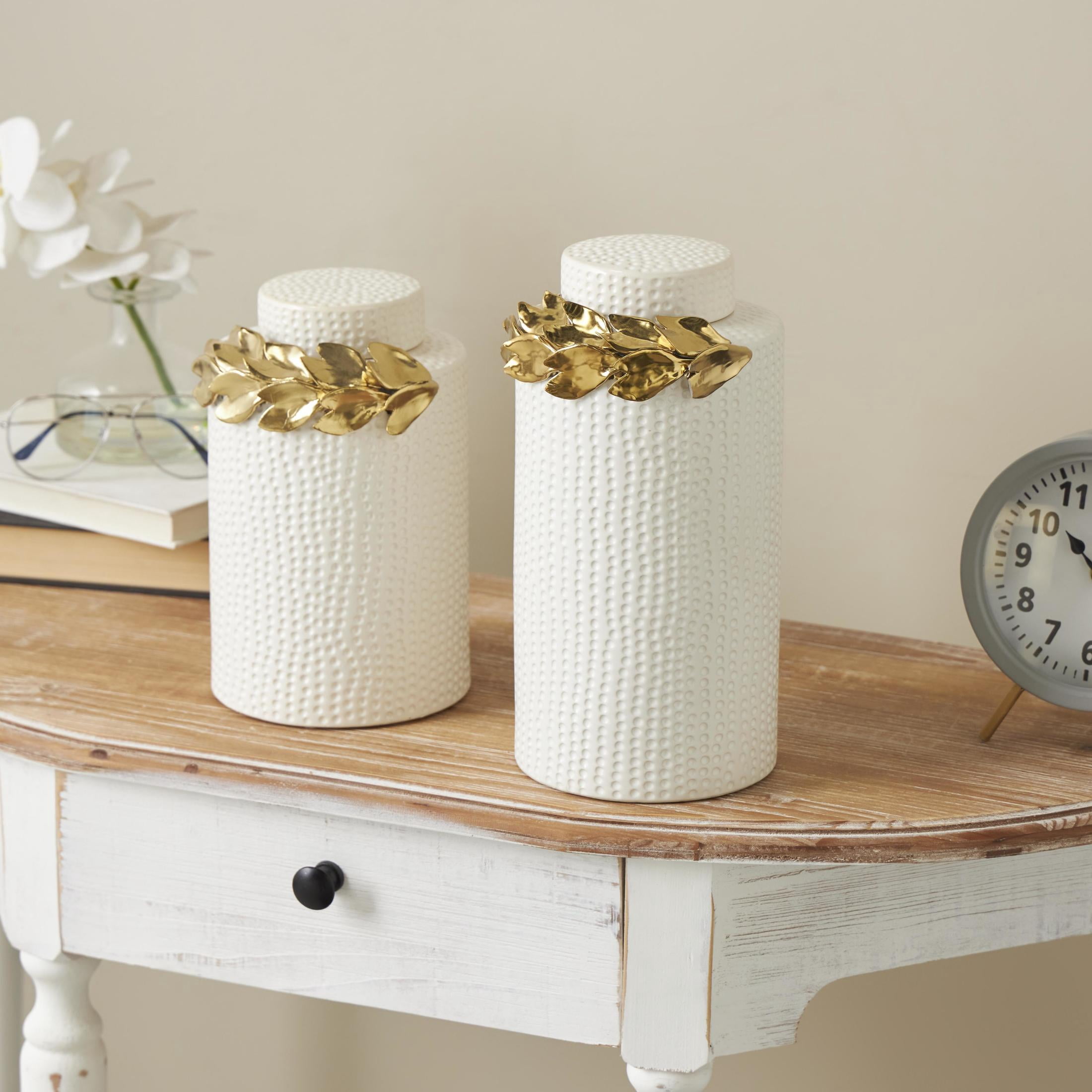 DecMode 11", 9"H White Ceramic Leaf Decorative Jars with Abstract Spotted Pattern and Gold Accents, 2-Pieces
