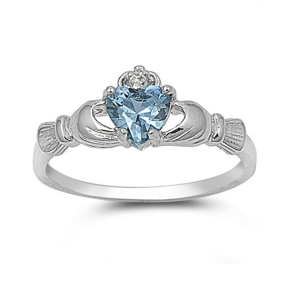 Claddagh Benediction Simulated Aquamarine Cubic Zirconia Ring Sterling Silver 925 Size 10