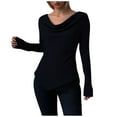 thumbnail image 3 of UTSJKR Womens Bell Long Sleeve Shirts Casual Cowl Neck Asymmetrical Slim Fit Crop Tops Y2K Going Out Spring Clothes Black M, 3 of 4