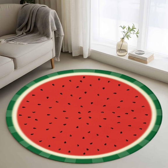 Watermelon 3FT Round Area Rugs for Living Room Geometric Radial Lines Red Green Watercolor Ultra-Thin Non-Slip Round Rugs Machine Washable Low Pile Circle Carpet for Bedroom Kitchen Nursery
