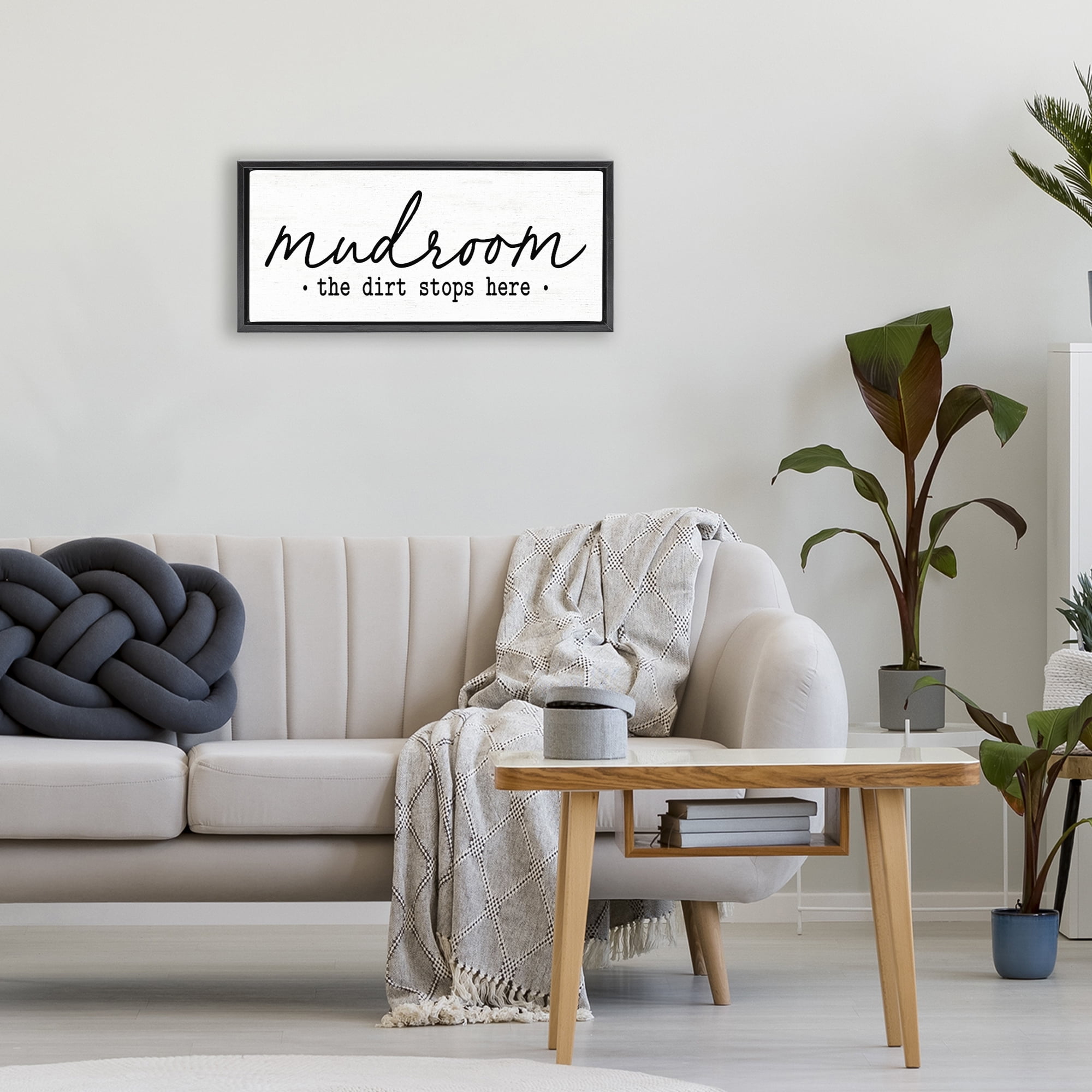 Mudroom Script Dirt Stops Here Black Framed Floater Canvas Wall Art, design by Lettered and Lined