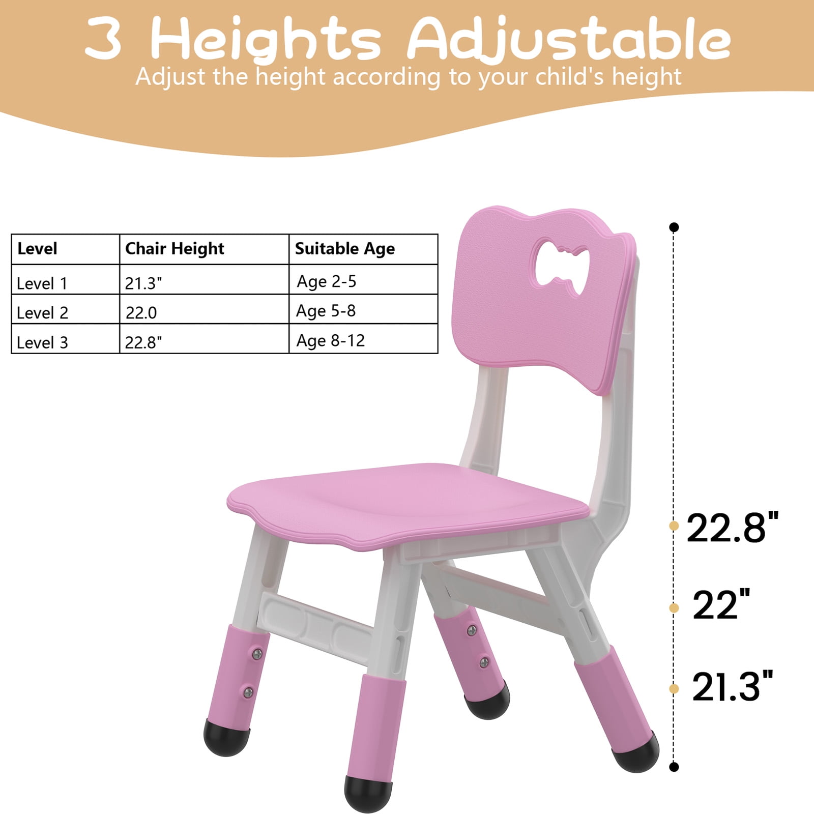 Adjustable Classroom Chair 2 Pack, 3 Level Height Adjustable Anti-Slip Plastic Toddler Chair for Boys Girls Children Age 2-8, Suitable for Indoor or Outdoor Home School Daycare Nursery Use