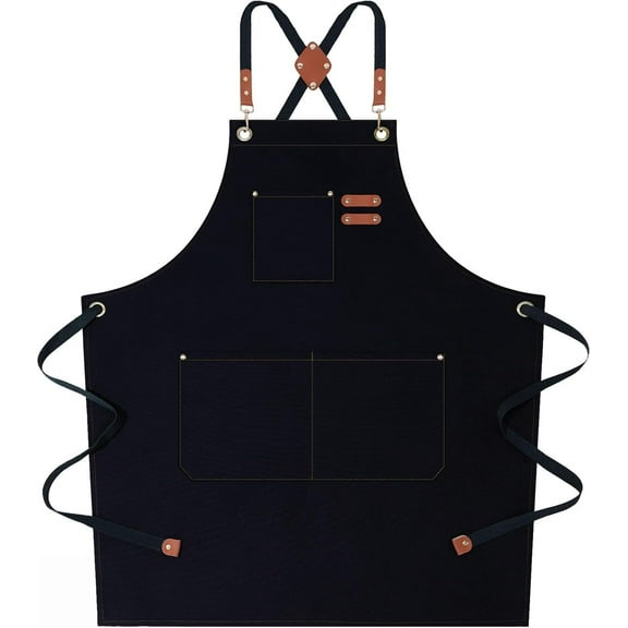 GoXteam Black Chef Aprons for Men Women with Large Pockets, Cotton Canvas Cross Back Heavy Duty Adjustable Work Apron