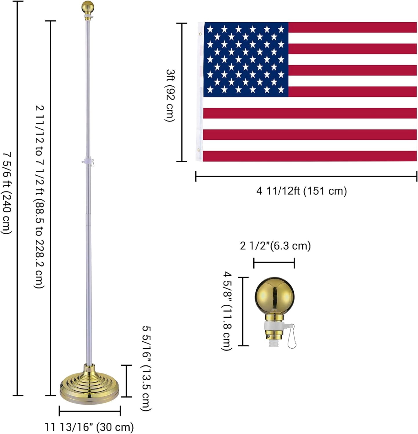 Yescom 8FT Telescoping Indoor Flag Pole Kit Aluminum Sliver Pole Ball Topper with 3x5Ft US Flag & Base Stand 2 Pack