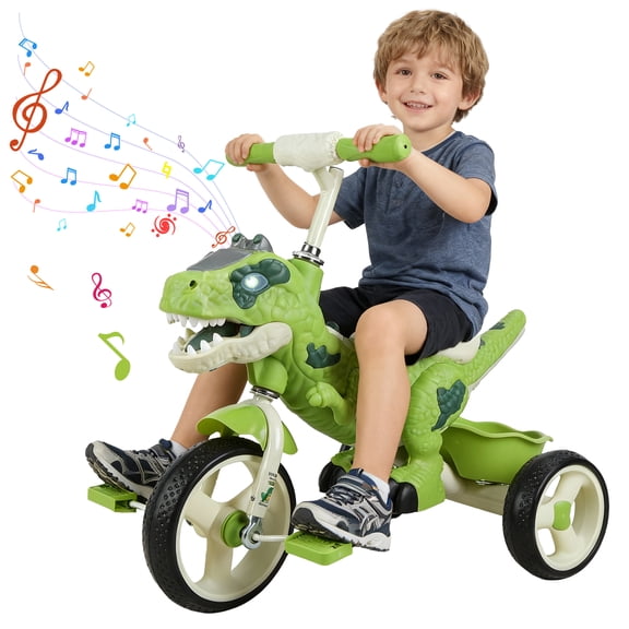 Dinosaur Kids Tricycle for Rider, Toddler Trike with Music, Light for 2-7 Years Old Boys Girls, Preschool Daycare Kids Bike Toy with Big Wheel, Storage Basket