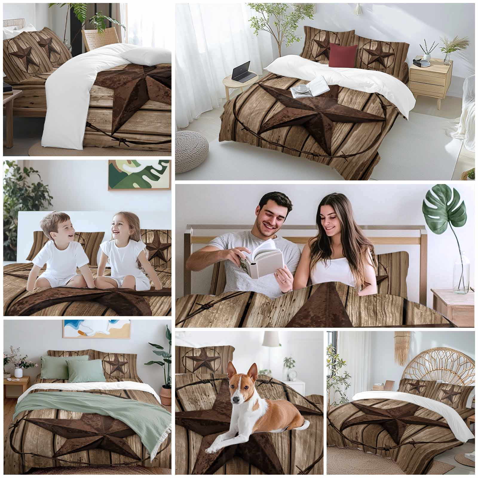 Vintage Texas Star Bedding Duvet Cover Set King Size 4 Pieces Brown Wood Grain Wire Soft Twill Plush Quilt Cover, Include 1 Duvet Cover 1 Flat Sheet And 2 Pillow