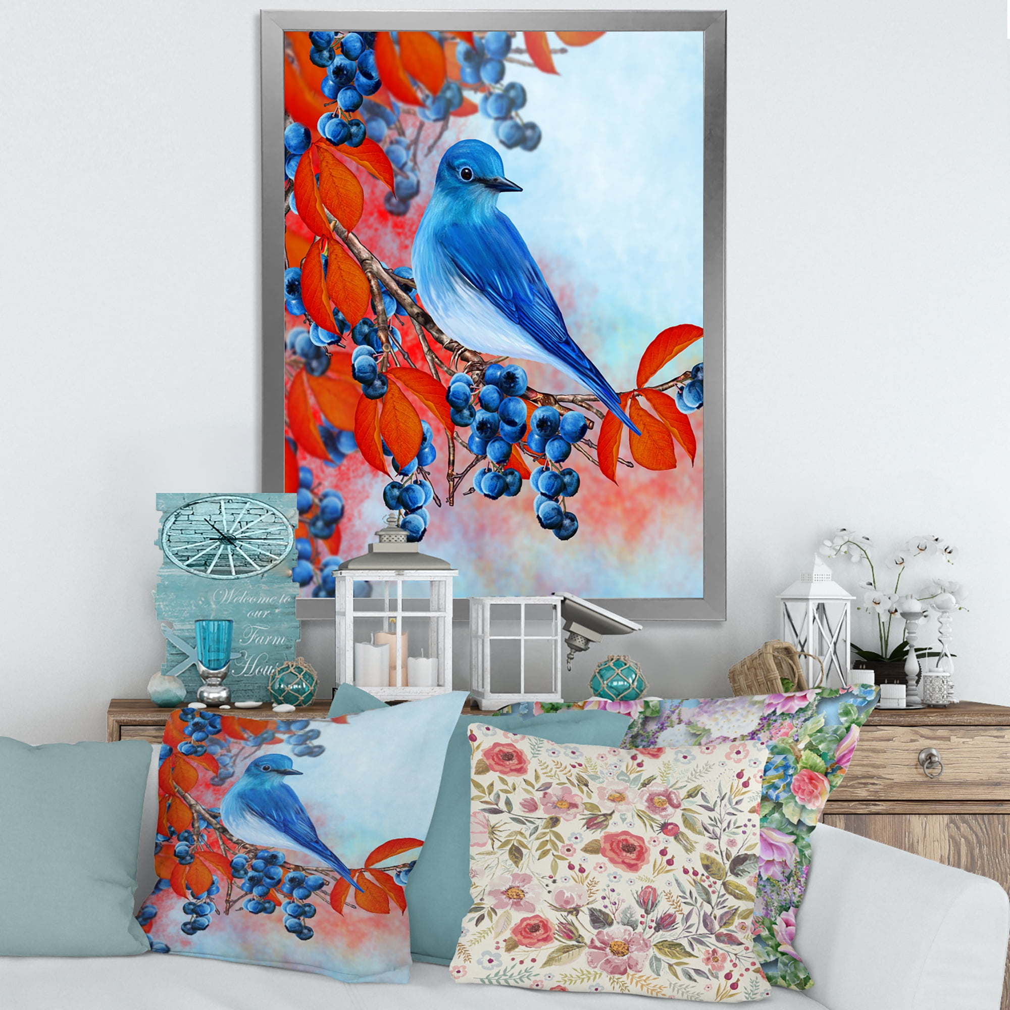 Designart 'Bright Bird Bullfinch Sitting On A Branch of Berries III' Traditional Framed Art Print