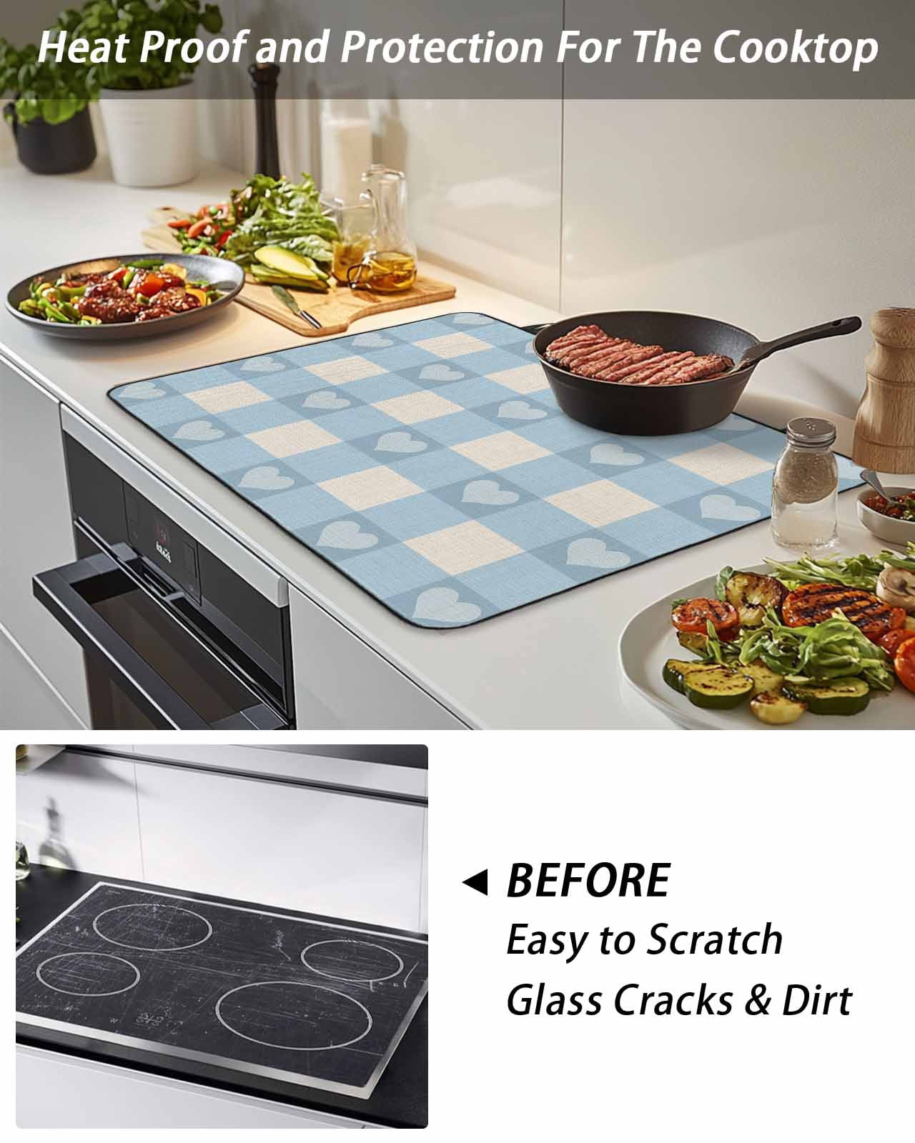 Stove Top Covers for Electric Stove, Blue Plaid Glass Stovetop Cover Protector, Country Cute Love Pastoral Heart Lattice Induction Cooktop Protector Oven Mat for Kitchen Countertop 24"x21"