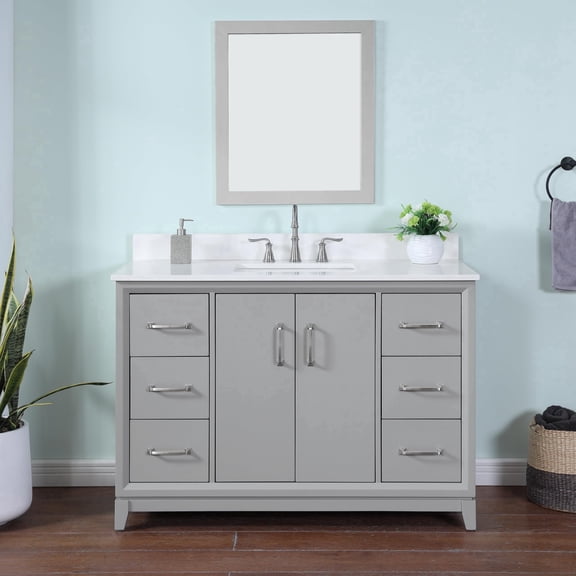 Luton 48" Single Bathroom Vanity with White Quartz Top, Sink & Backsplash. 49" W x 22" D x 34.5" H, Modern Gray. Solid Wood. Pre-Assembleb. 2 Soft-Closing Doors & 6 Drawers. Adjustable Feet.