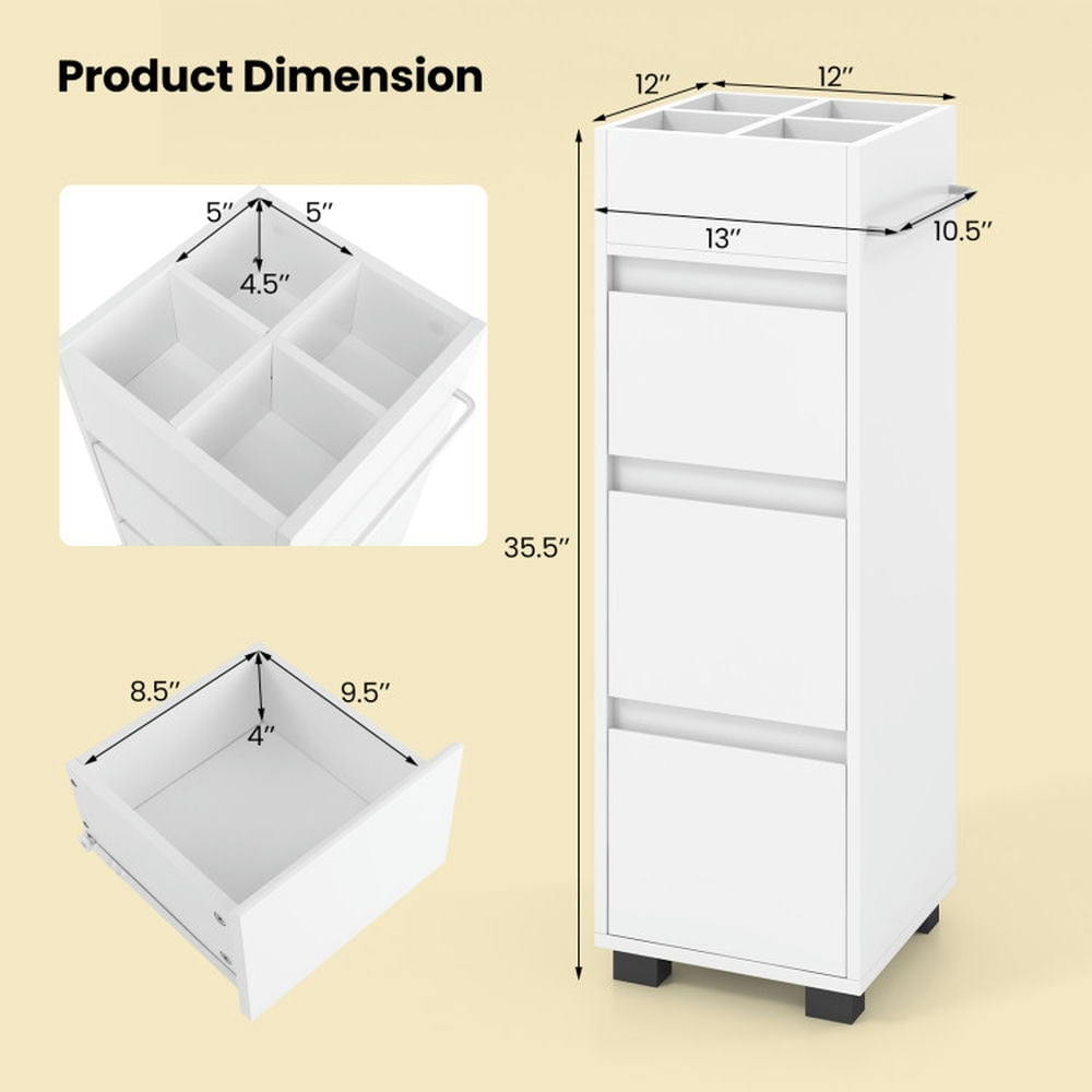 Finihen Bathroom Storage Cabinet, Bathroom Floor Cabinet, Bathroom Floor Cabinet with 3 Drawers, 4 Top Dividers and 1 Towel Rack, for Bathroom, Living Room, Bedroom, Kitchen, White Finihen Bathroom Storage Cabinet, Bathroom Floor Cabinet, Bathroom Floor Cabinet with 3 Drawers, 4 Top Dividers and 1 Towel Rack, for Bathroom, Living Room, Bedroom, Kitchen, White