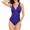 thumbnail image 2 of WREESH Womens One Piece Swimsuit Solid Color Fashion V Neck Bathing Suits Ruched Tummy Control Swimsuits Jumpsuit Swimwear Blue, 2 of 4