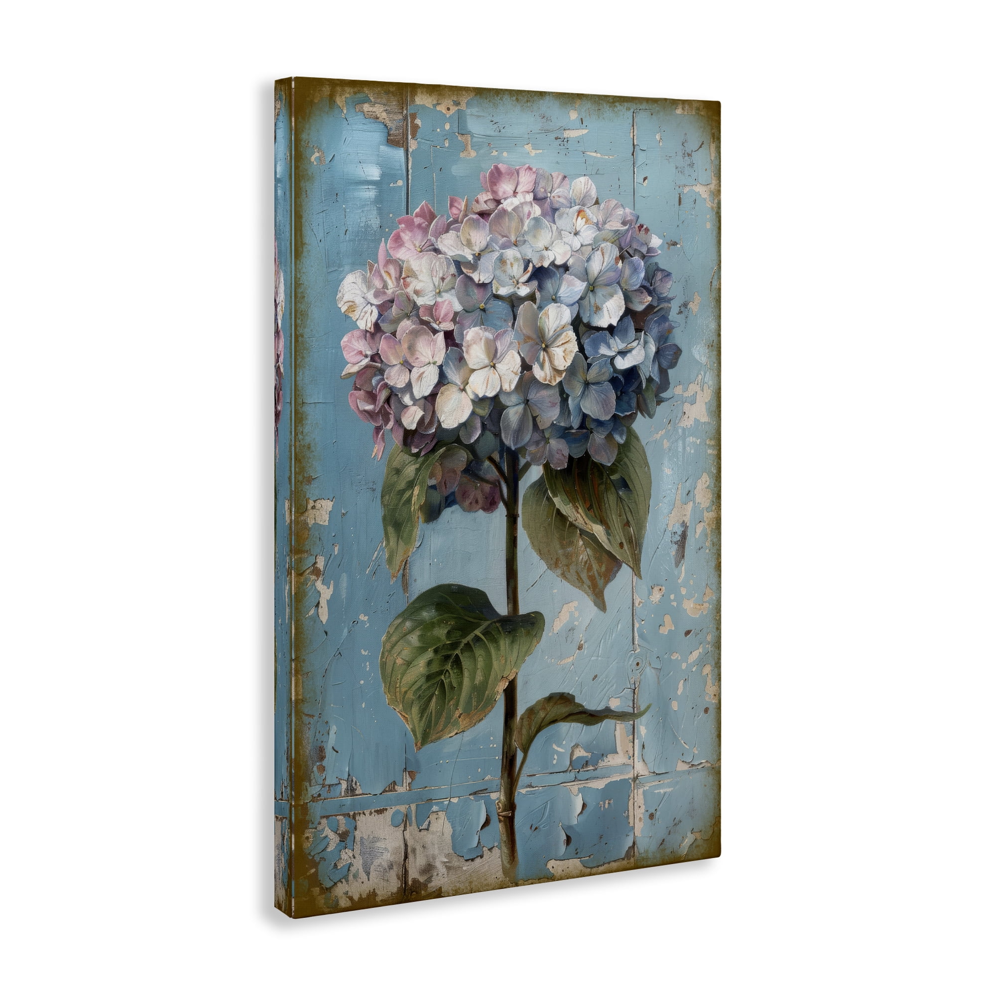 Stupell Industries Hydrangea on Distressed Plants & Flowers Painting Wrapped Canvas Art Print Wall Art, 24 x 36