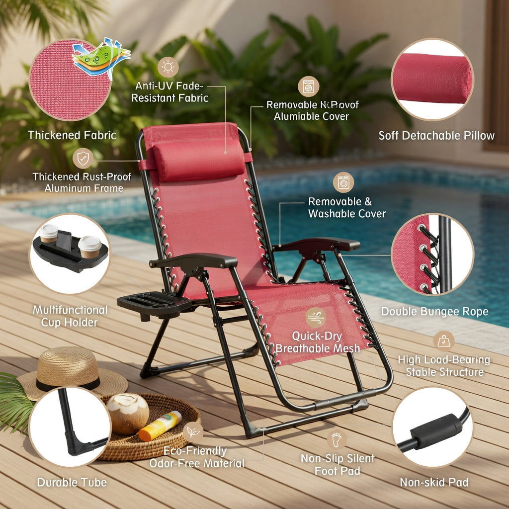 Hommoo Oversize Zero Gravity Folding Lounge Chair for Patio, Heavy Duty Breathable Waterproof Fabric, Adjustable Recliner with Cup Holder & Headrest Pillow, Dark Red