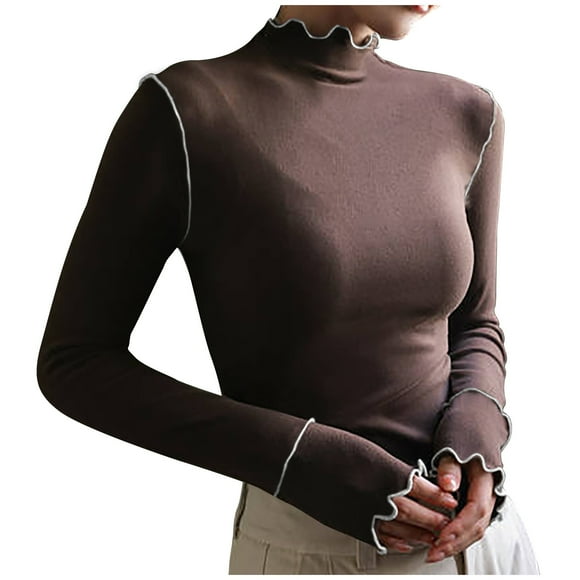 FAIWAD Women's Basic Turtleneck Bottoming Tops Long Sleeve Solid Color Lightweight Pullover Crop Tops