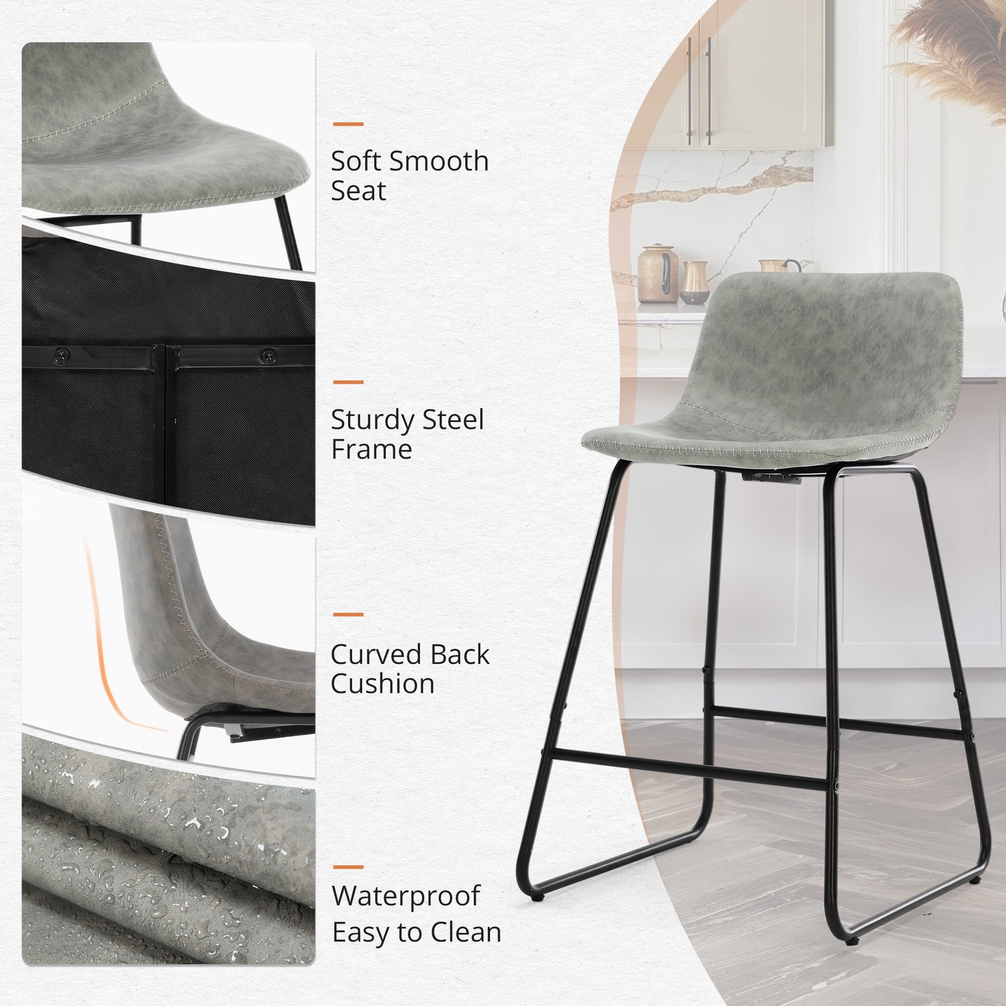 Dycanpo 24" Counter Height Bar Stools Set of 2 with Back, Faux Leather for Home Kitchen Island, Gray
