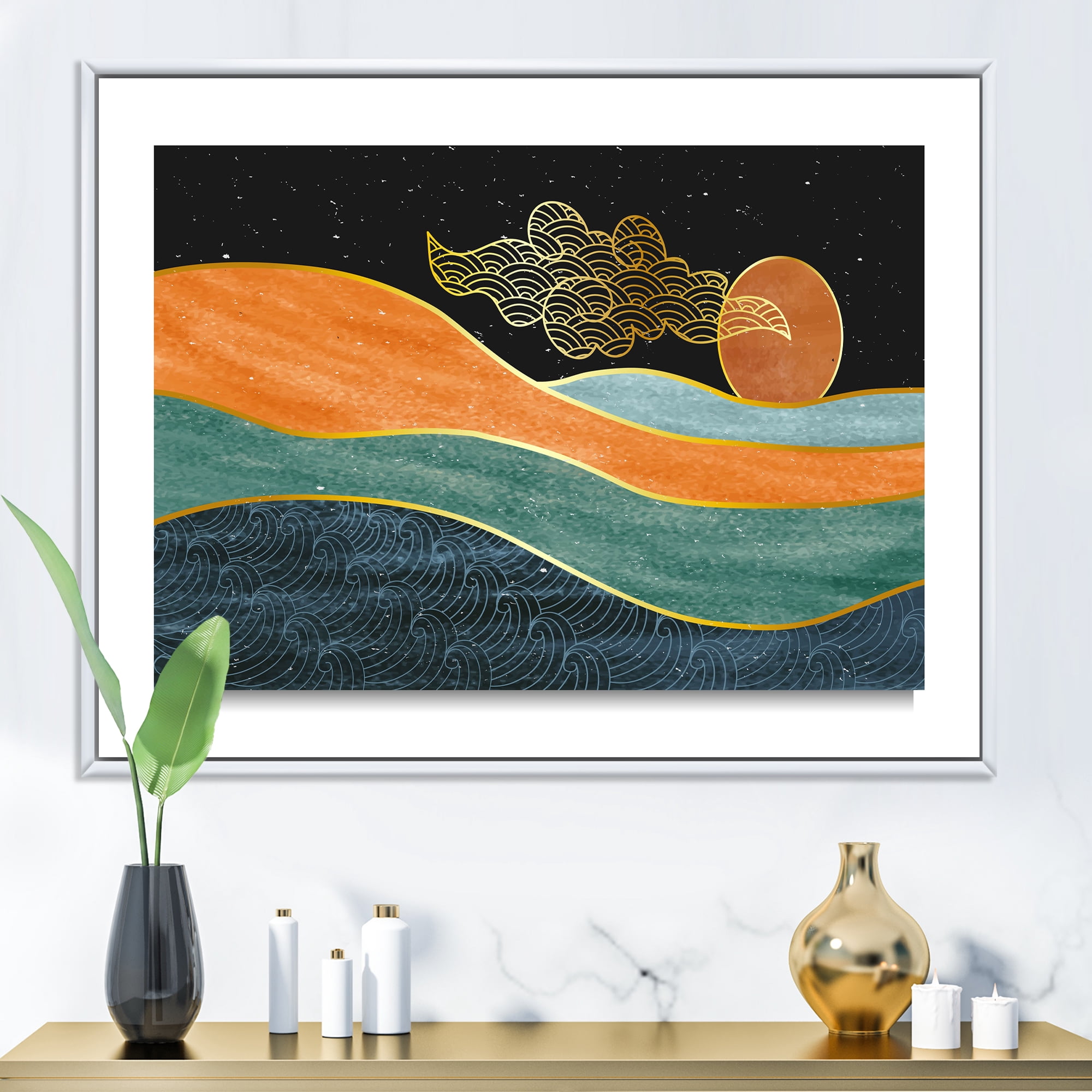 Abstract Nature Sea Sun Sky Mountain Landscape 32 in x 16 in Framed Painting Canvas Art Print, by Designart