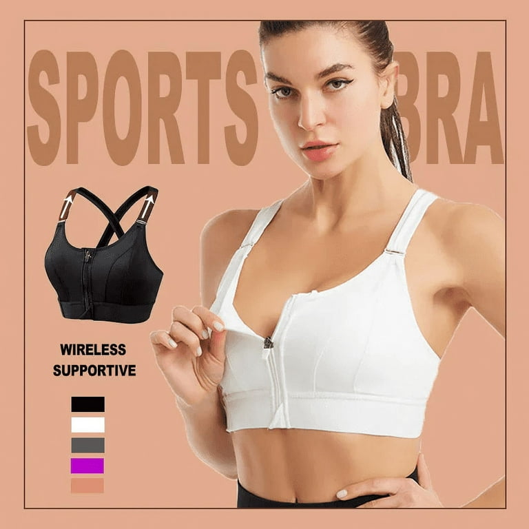 Women's Front Zipper Sports Bras Nylon & Spandex Plus Size Underwear Push  up for Running Yoga Sport, Gray 4XL