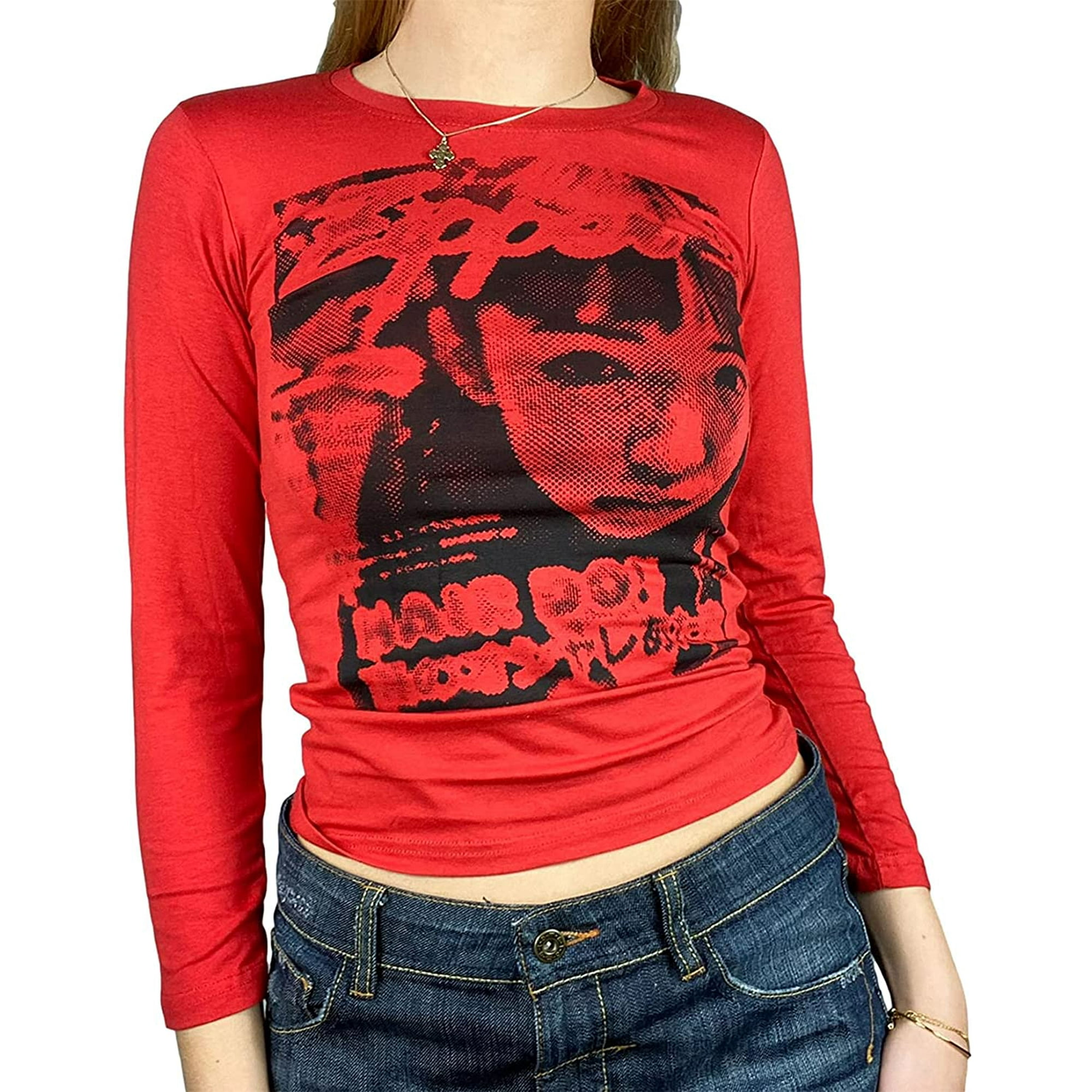 Women Long Sleeve Fishnet Mesh Bodycon T-Shirt Y2K Graphic Print