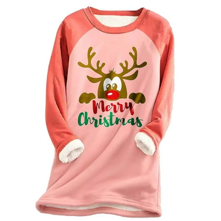

Women s Winter Wool Lining Warm Tops Vintage Christmas Print Crew Neck Splicing Long Sleeve Pullover Casual Loose Home Pajamas Yoga Wear