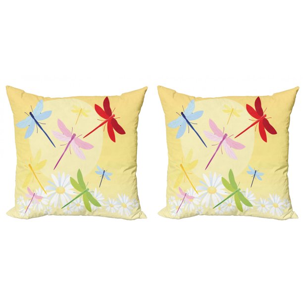 Dragonfly Throw Pillow Cushion Cover Pack of 2, Flower Field in Spring