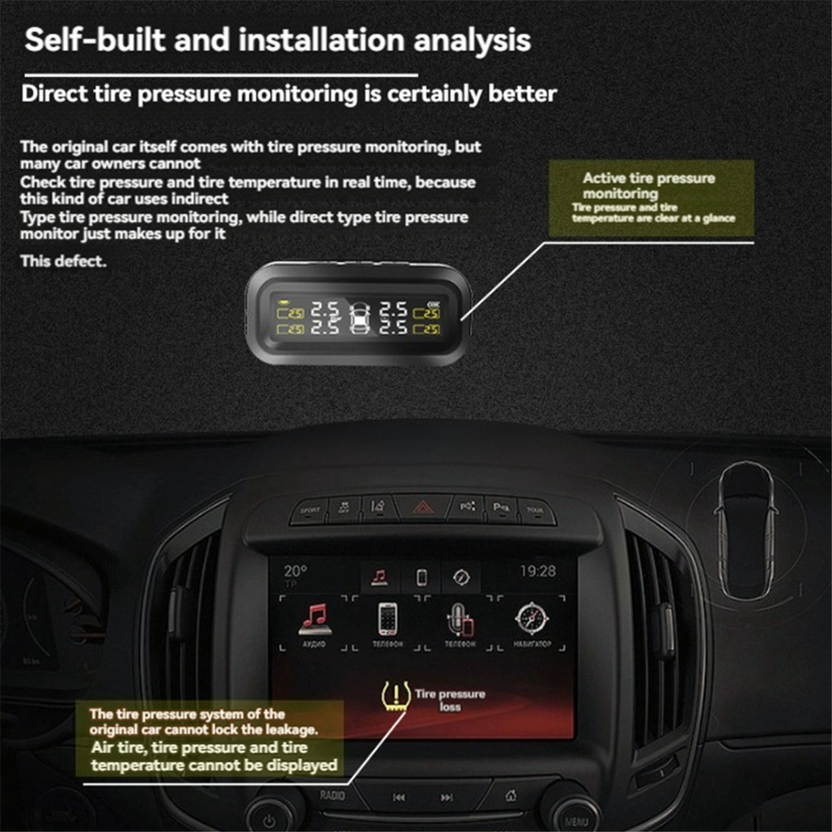B-T TPMS Tire Pressure Monitoring System – 4 External Sensors, Real-Time, Bluetooth 5.1