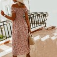 thumbnail image 4 of USSUMA Pleated Floral Print Beach Dresses for Women Casual Summer Off Shoulder Short Sleeve Plus Maxi Sundresses Women Flowy Swing Long Boho Vacation Sun Dress Wedding Guest, 4 of 7