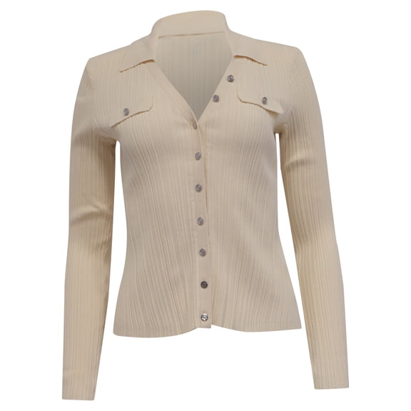 Pre-Owned Maje Collared Ribbed-Knit Cardigan in Cream Viscose
