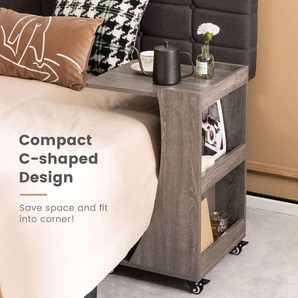 Finihen End Table, C-shaped Rolling End Side with Back Storage Shelves beside Sofa, Sofa Side Table, Bed Side Table, for Living Room, Bedroom, Gray Finihen End Table, C-shaped Rolling End Side with Back Storage Shelves beside Sofa, Sofa Side Table, Bed Side Table, for Living Room, Bedroom, Gray