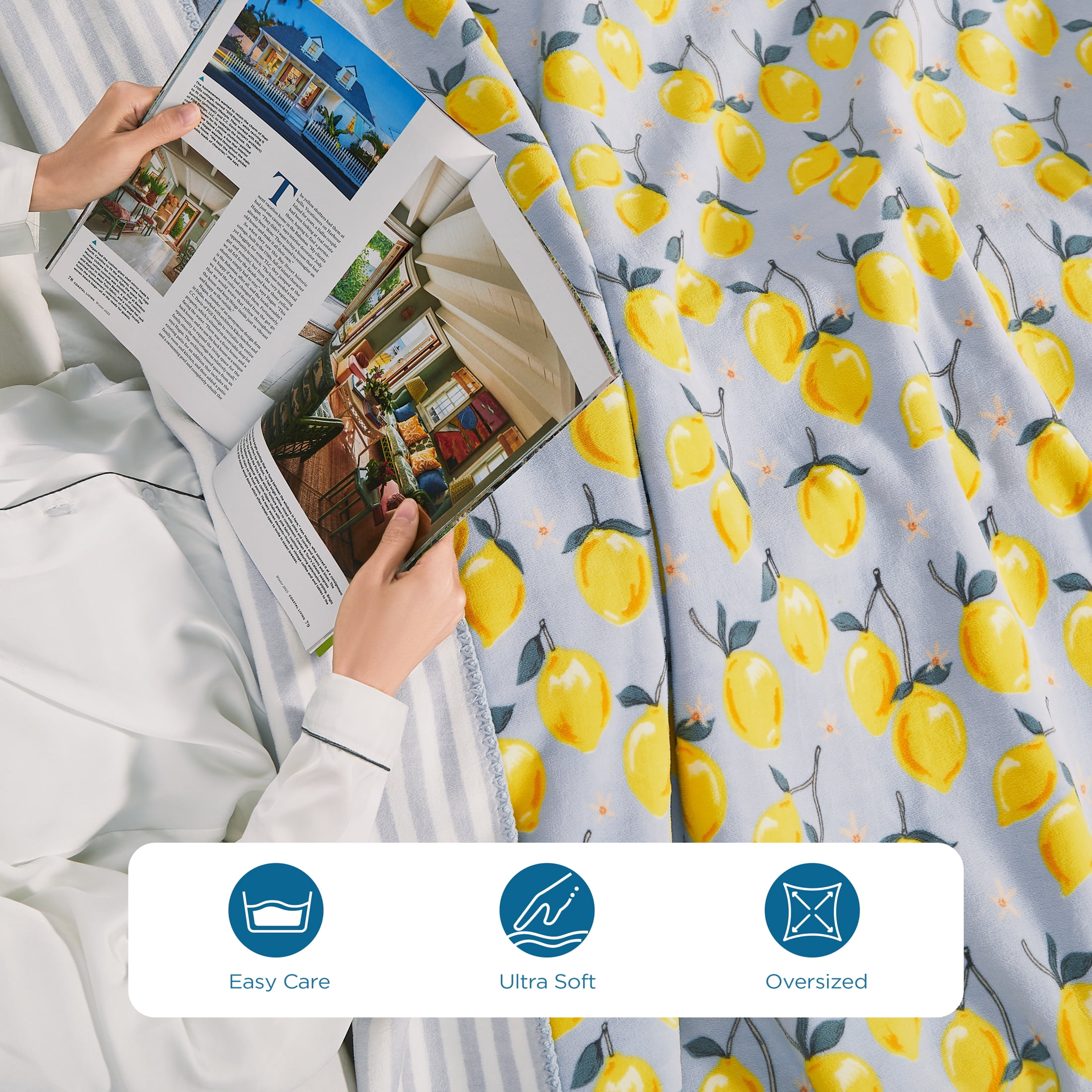 Coastal Living Throw Blanket, Reversible Plush Fleece Blanket for Couch, Yellow Lemons, 50" x 72"