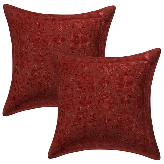 Stylo Culture Ethnic Cotton Home Decor Throw Pillow Covers Rust 16x16 Traditional Embroidered Indian Couch Cushion Covers 40 x 40 cm Living Room Mirrored Square Pillowcases | Set Of 2