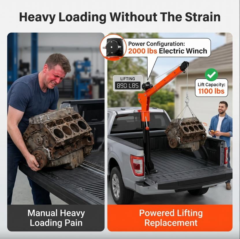 Muweixin 2000LBS 12V Pickup Truck Crane, 1100LBS Capacity 360° Rotatable with Electric Winch, Extendable Boom for Engine, ATV, Boat Lifting