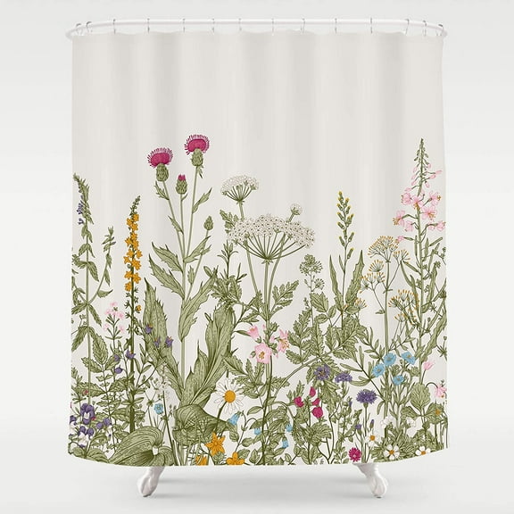 Extra Long Shower Curtain 72 x 84, Vintage Floral Tall Shower Curtain, Spring Colorful Wild Flower Plant Fabric Shower Curtain, Cottagecore Aesthetic Shabby Chic Botanical Bathroom Decor