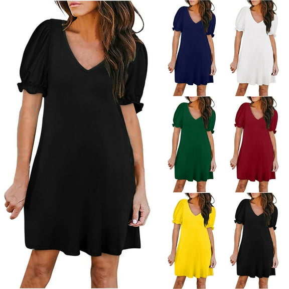 Azrian Summer Dresses Women Casual Summer Solid Color Short Sleeve Dress With Pocket Beach Dresses