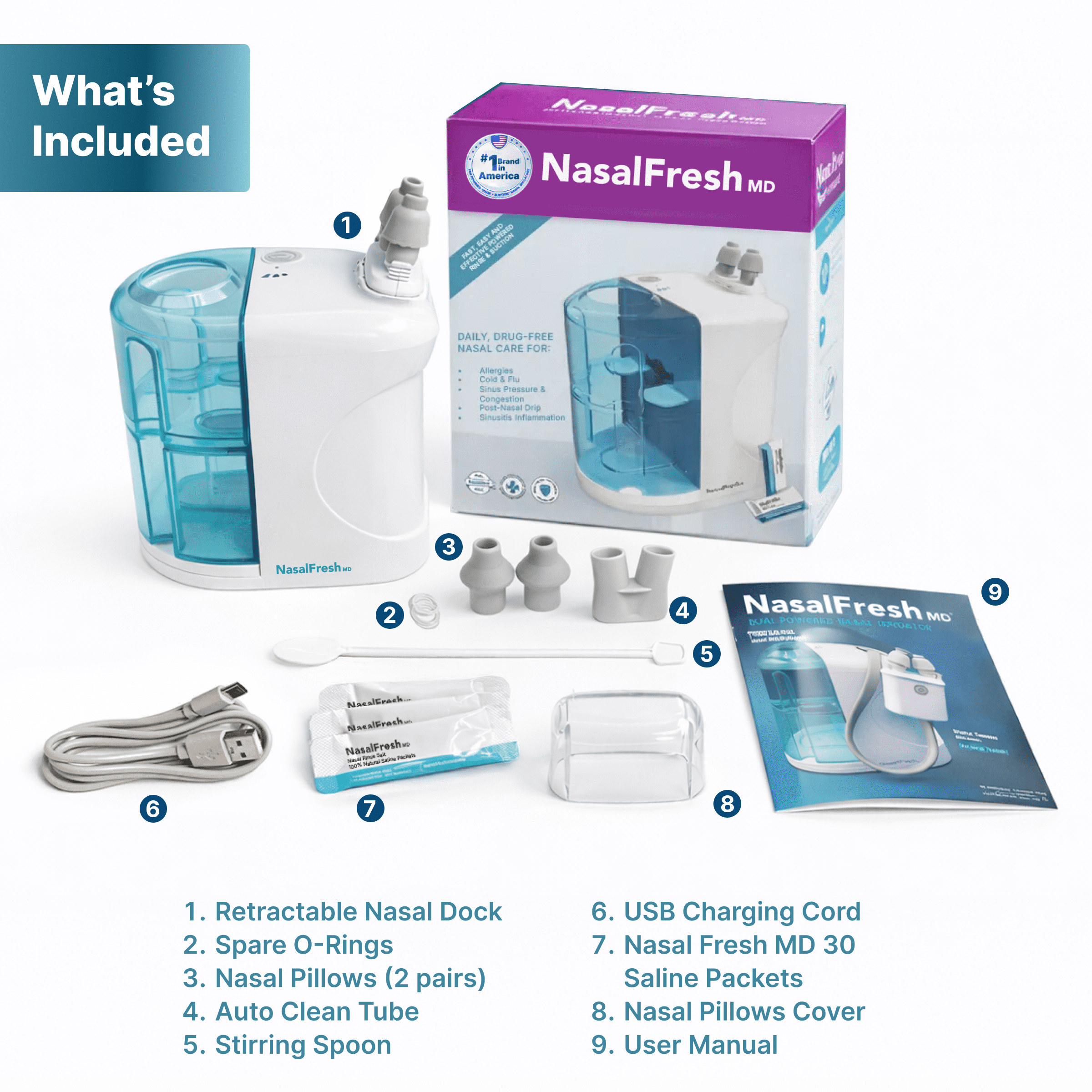 NasalFresh MD Dual Powered Nasal Irrigation System for Sinus Congestion and Snoring, 30 Saline Packets, Rechargeable, Self Cleaning