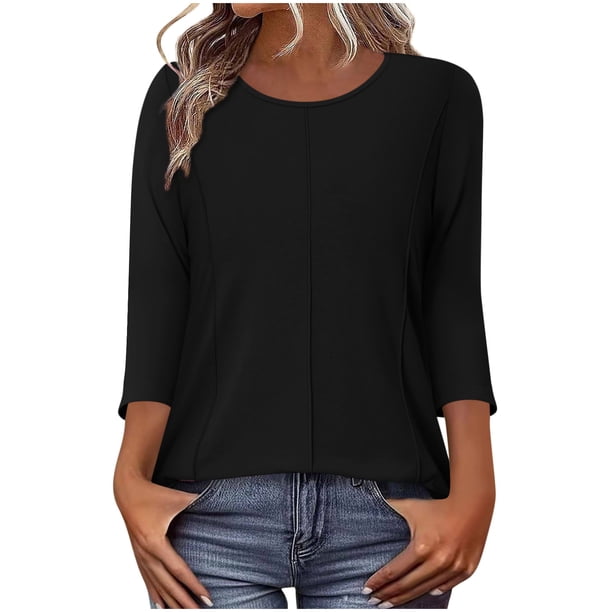 Camiseta de Cuello Redondo de Manga 3/4 de Color Sólido Casual con Poliéster Suave, Top de Primavera de Moda para el Uso Diario en Casa O en el Trabajo
