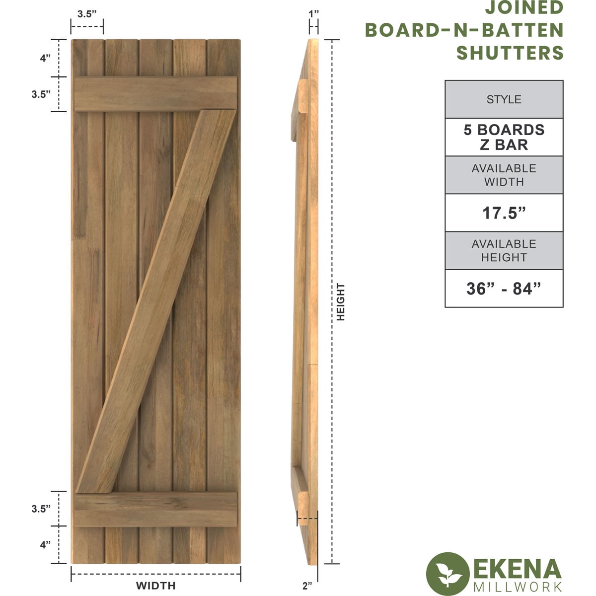 Ekena Millwork 17 1/2"W x 72"H Americraft Five Board (2 Batten) Exterior Real Wood Joined Board-n-Batten Shutters w/ Z-Bar (Per Pair), Pepper Red