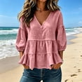 thumbnail image 5 of Guluxicc Women's Linen Blosures Loose Ruffled Bottom V Neck Short Bubble Sleeve Tops for Everyday Wear Spirng Summer Casual Outfits, 5 of 5